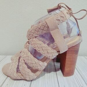 BCBGeneration Womens Ledina Strappy Sandals Beige Braided Block Heel Tie 10M